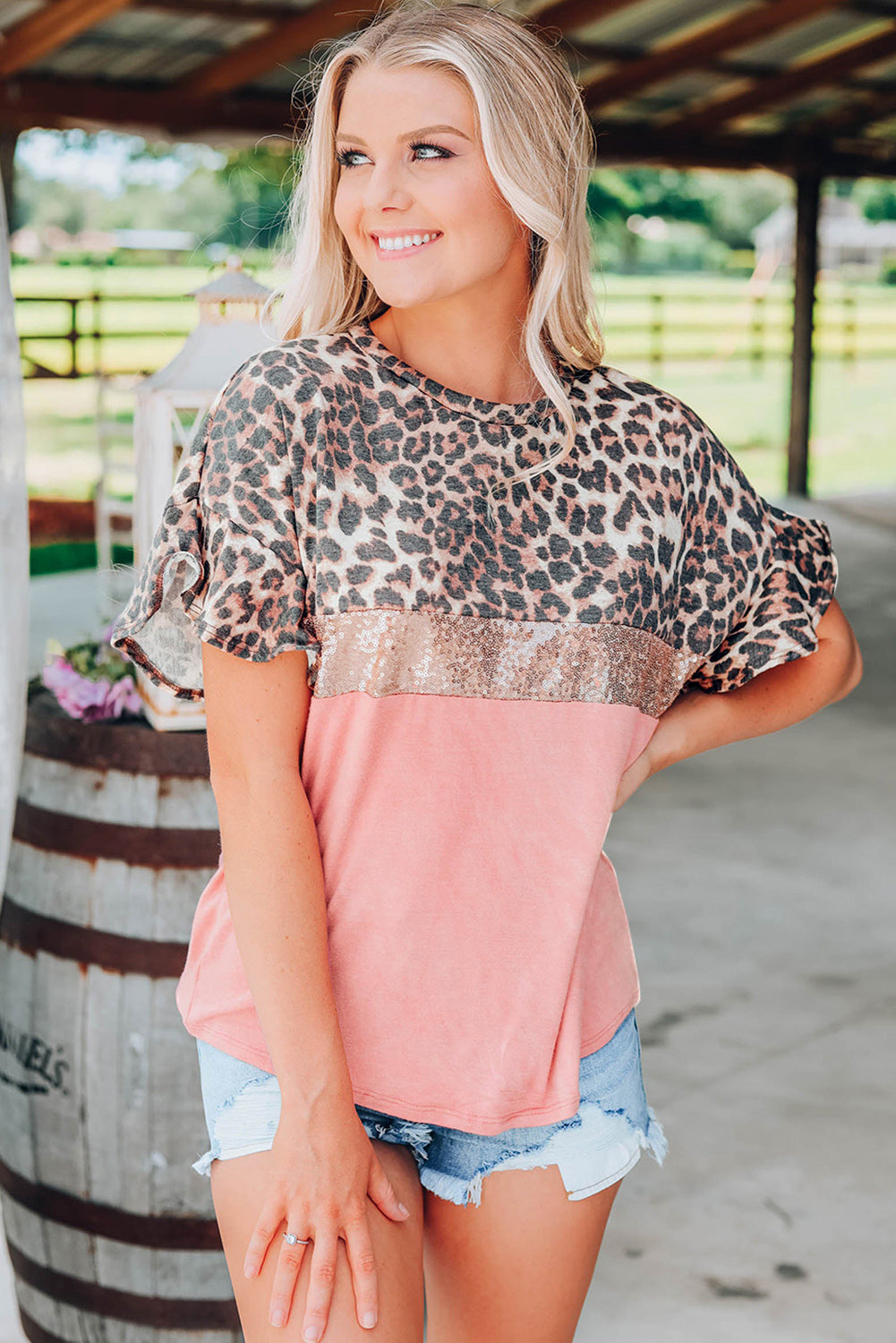 Leopard Sequin Colorblock Patchwork Short Sleeve Top