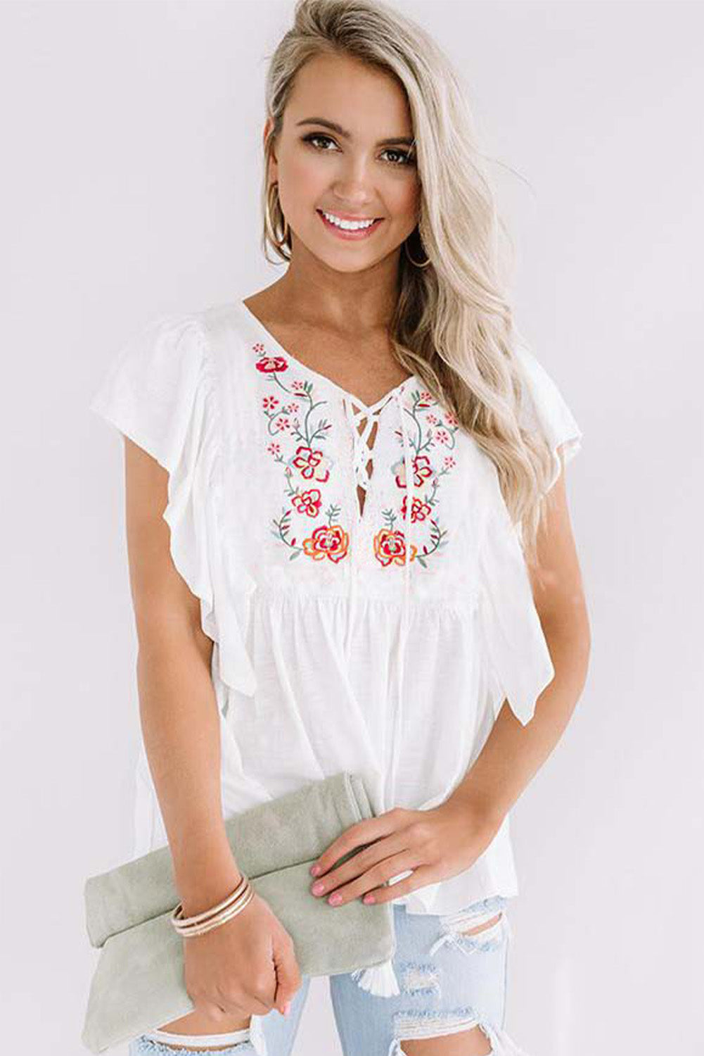 Floral Embroidered Ruffled Lace-up V Neck Top