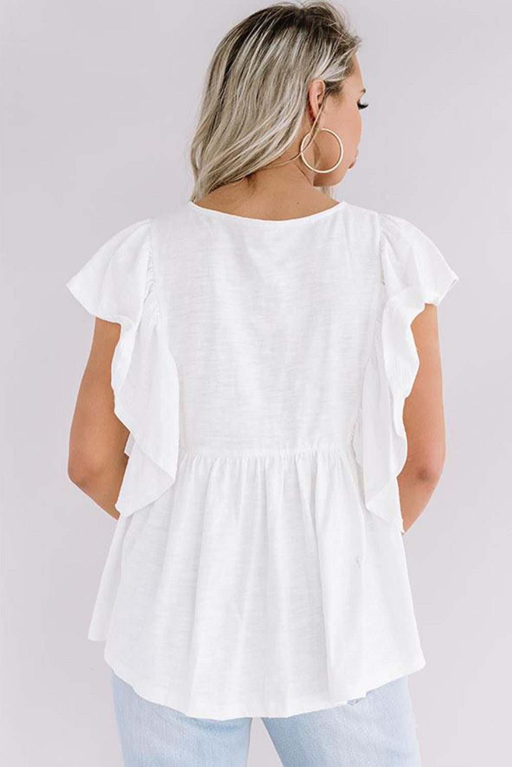 Floral Embroidered Ruffled Lace-up V Neck Top