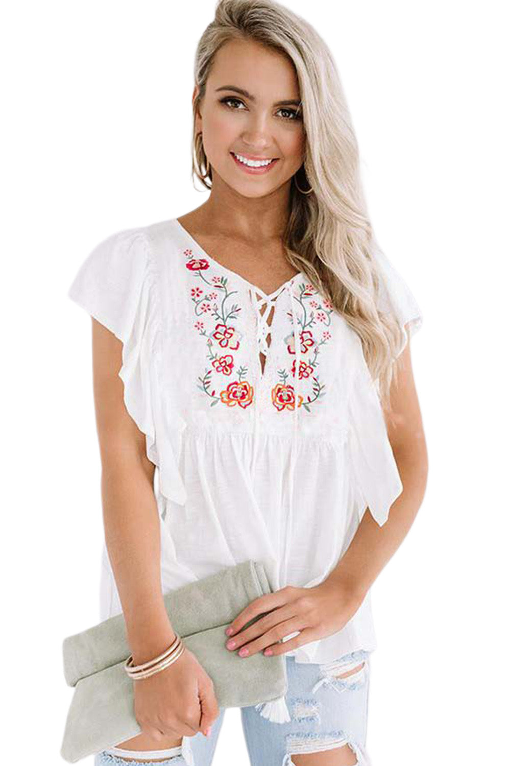 Floral Embroidered Ruffled Lace-up V Neck Top