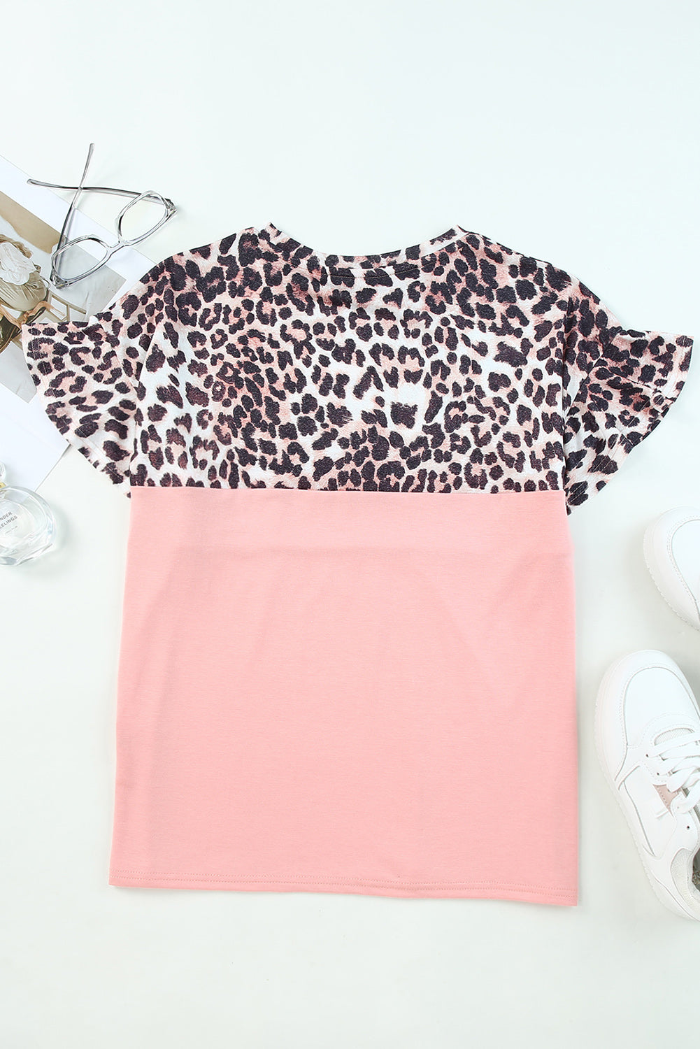 Leopard Sequin Colorblock Patchwork Short Sleeve Top