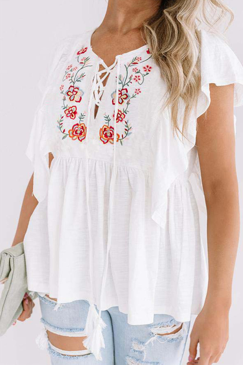 Floral Embroidered Ruffled Lace-up V Neck Top