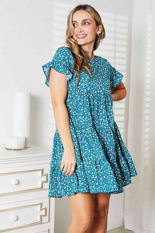 Double Take Short Flounce Sleeve Tiered Dress