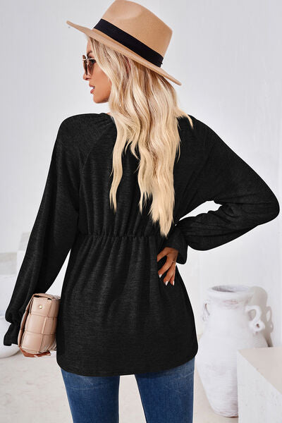 Ruched Round Neck Flounce Sleeve Blouse