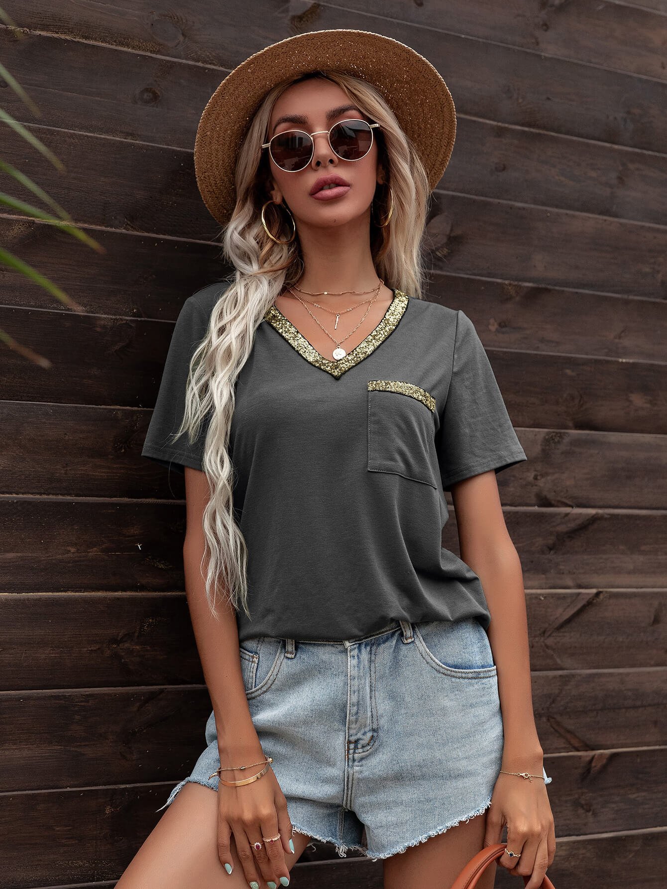 Glitter V-Neck Short Sleeve Tee Shirt